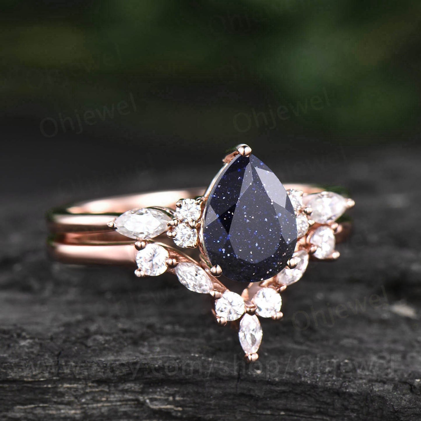 Pear shaped blue sandstone engagement ring set 14k rose gold vintage unique engagement ring moissanite ring set for women wedding ring set