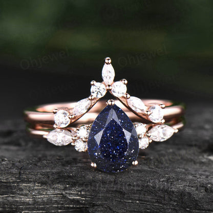 Pear shaped blue sandstone engagement ring set 14k rose gold vintage unique engagement ring moissanite ring set for women wedding ring set