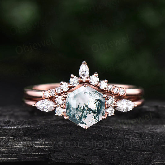 Unique hexagon moss agate engagement ring set art deco vintage moss agate ring women rose gold silver marquise moissanite wedding ring set