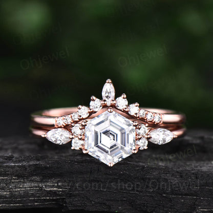 Hexagon moissanite engagement ring set art deco rose gold silver unique vintage engagement ring marquise moissanite ring wedding ring set