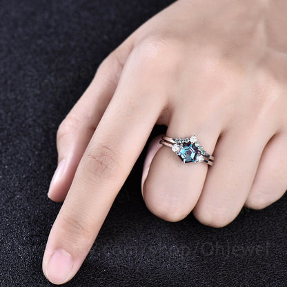 Hexagon alexandrite ring vintage alexandrite engagement ring set 14k rose gold three stone moissanite ring bridal wedding ring set for women