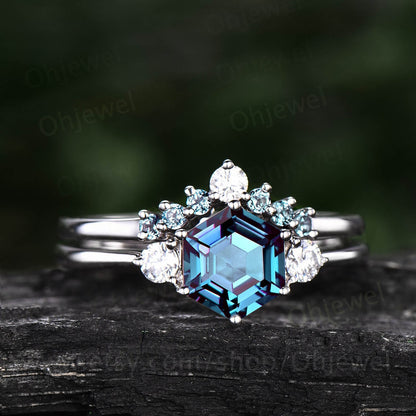 Hexagon alexandrite ring vintage alexandrite engagement ring set 14k rose gold three stone moissanite ring bridal wedding ring set for women