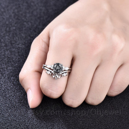 Vintage round black rutilated quartz engagement ring set 14k rose gold marquise moissanite wedding ring set for women Norse Viking Jewelry