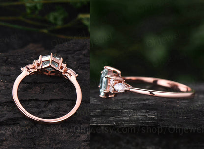 7mm Hexagon cut green moss agate engagement ring white gold 6 prong marquise unique engagement ring for women vintage diamond wedding ring
