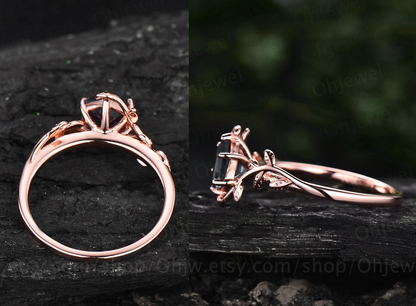 Hexagon moss agate engagement ring leaf flower rose gold silver unique vintage solitaire engagement ring for women wedding anniversary ring