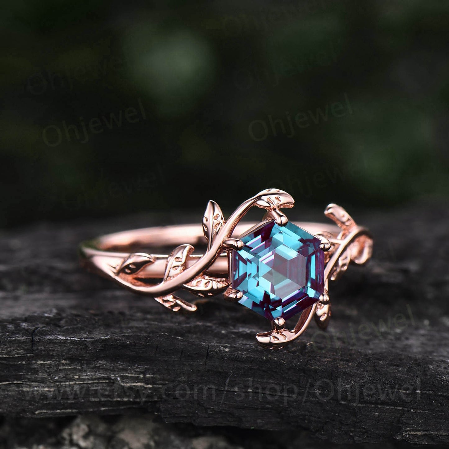 Twig Hexagon Alexandrite engagement ring leaf art deco branches unique vintage solitaire 14k rose gold engagement ring for women wedding