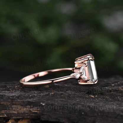 Vintage moissanite engagement ring 14k rose gold emerald cut ring art deco flower ring marquise cut moissanite ring for women wedding ring