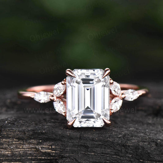 Vintage moissanite engagement ring 14k rose gold emerald cut ring art deco flower ring marquise cut moissanite ring for women wedding ring