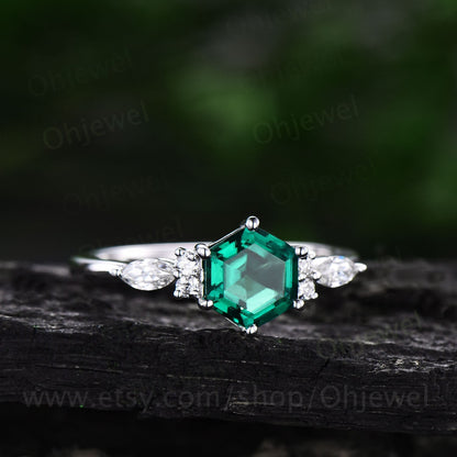 Hexagon emerald ring dainty vintage emerald engagement ring 7 stone marquise moissanite ring rose gold silver for women bridal promise ring