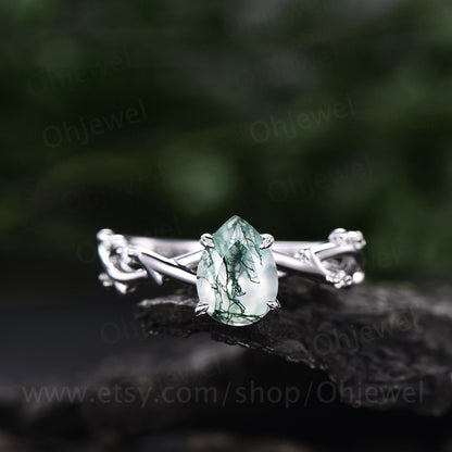 Vintage pear shaped green moss agate engagement ring leaf art deco rose gold five stone diamond ring for women unique promise bridal ring