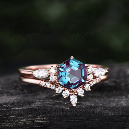 Vintage Alexandrite engagement ring set rose gold hexagon cut ring marquise cut moissanite ring dainty wedding ring set for women jewelry