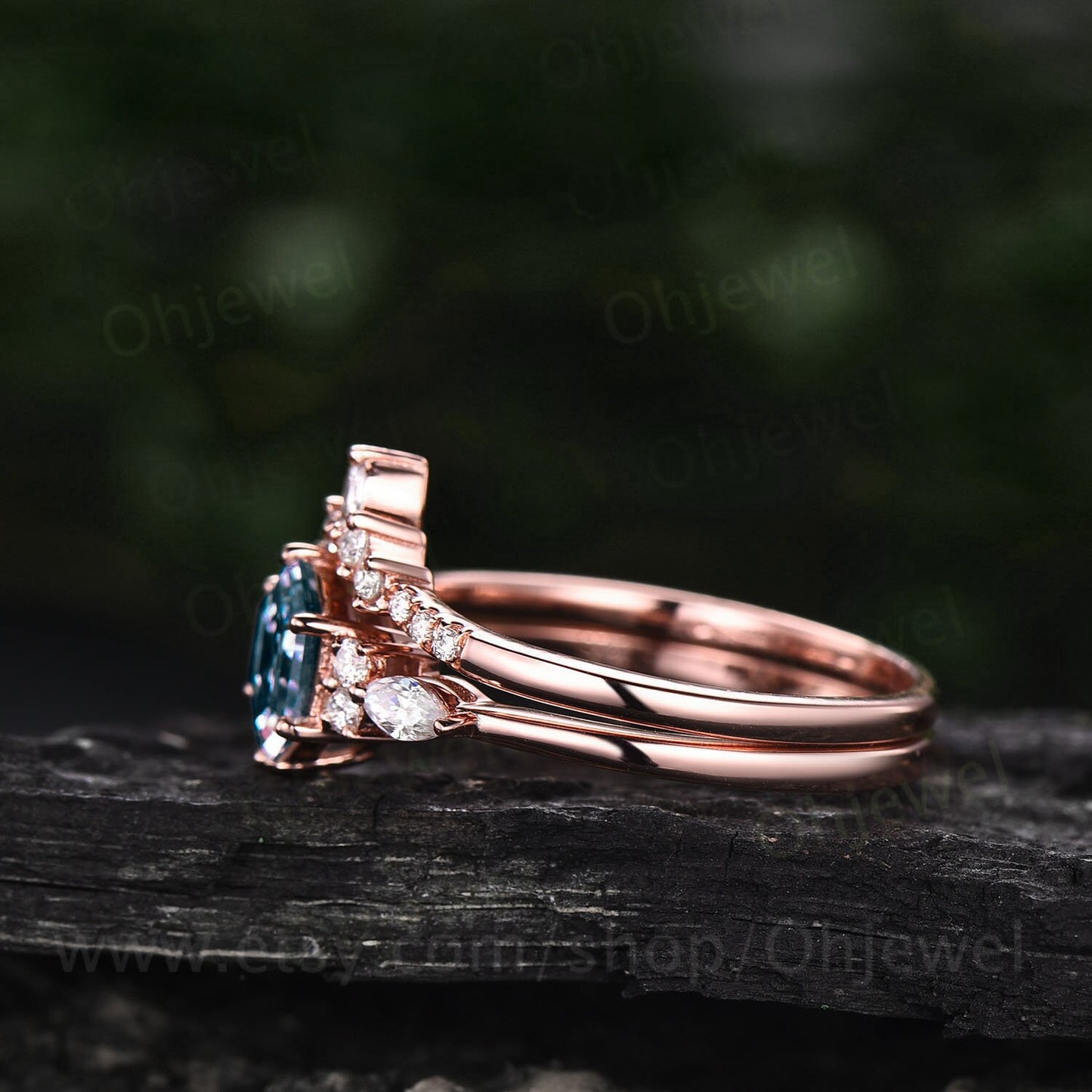 Vintage Alexandrite engagement ring set rose gold hexagon cut ring marquise cut moissanite ring dainty wedding ring set for women jewelry
