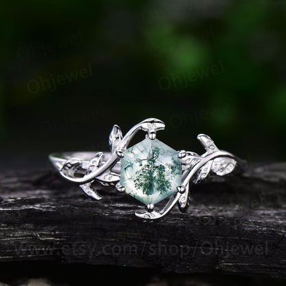 7mm Hexagon cut green moss agate engagement ring white gold leaf alternative nature inspired engagement ring for women promise ring her gift