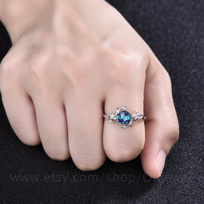 Twig Hexagon Alexandrite engagement ring leaf art deco branches unique vintage solitaire 14k rose gold engagement ring for women wedding