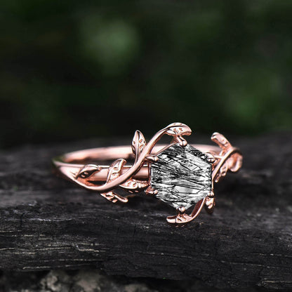 Vintage Hexagon cut black rutilated quartz engagement ring leaf flower ring antique unique solitaire rose gold bridal wedding ring for women