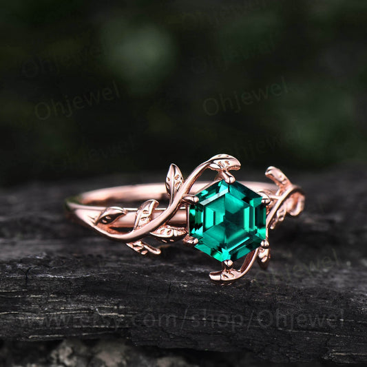 Vintage Hexagon cut emerald engagement ring leaf flower ring solitaire 14k rose gold emerald ring for women unique anniversary wedding ring