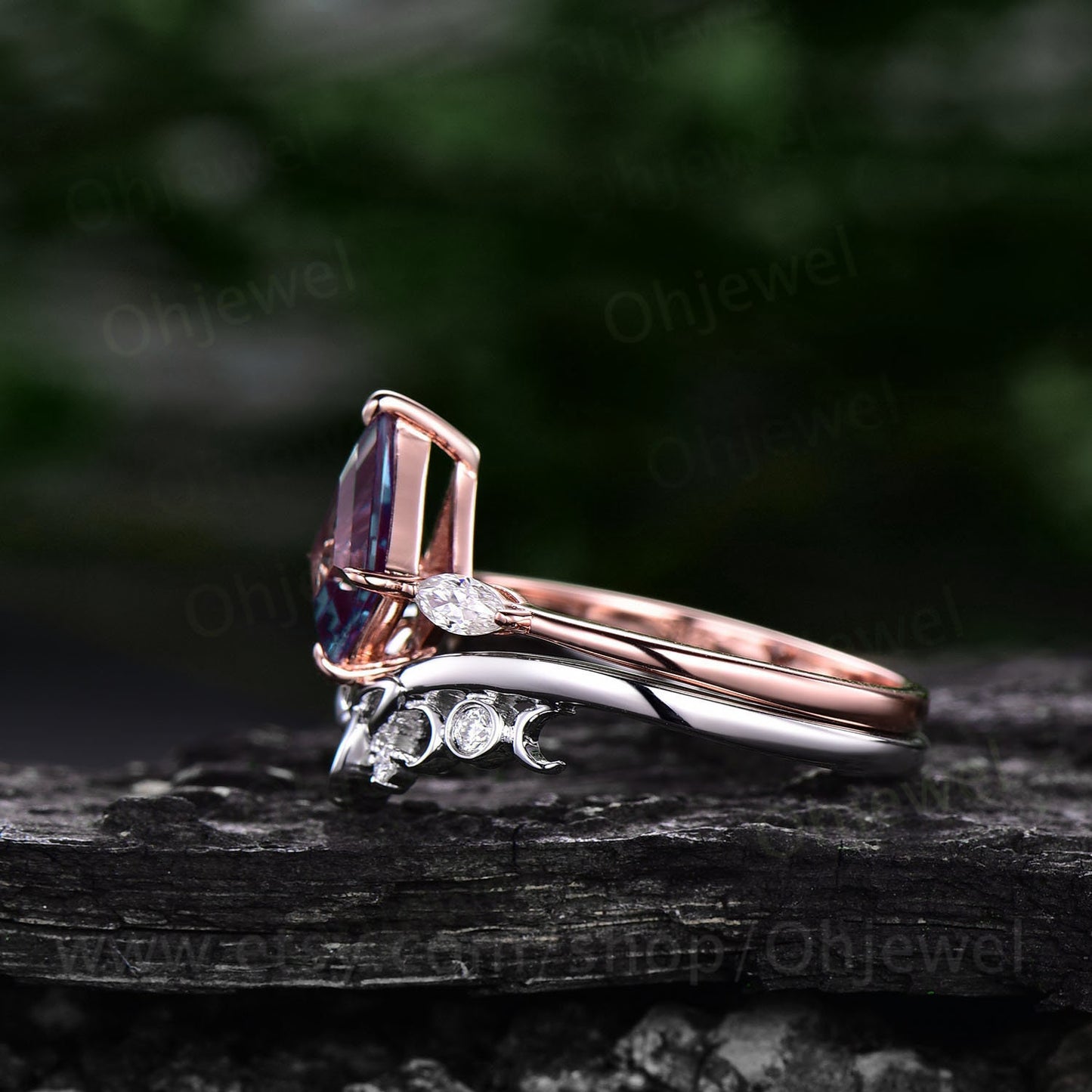 Vintage kite cut Alexandrite engagement ring set rose gold three stone marquise cut moissanite ring unique anniversary ring set for women