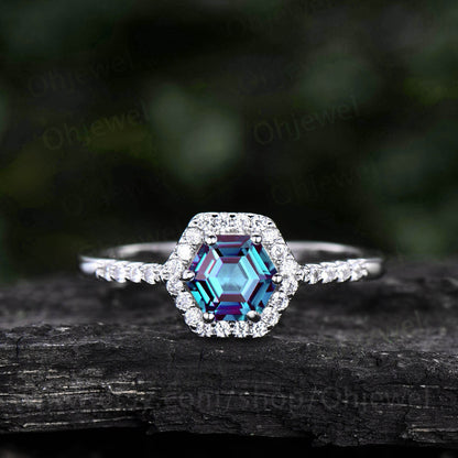 Hexagon Alexandrite engagement ring white gold minimalist vintage unique halo moissanite engagement ring six prong wedding ring for women