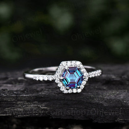 Hexagon Alexandrite engagement ring white gold minimalist vintage unique halo moissanite engagement ring six prong wedding ring for women