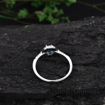 Hexagon Alexandrite engagement ring white gold minimalist vintage unique halo moissanite engagement ring six prong wedding ring for women
