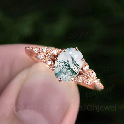 Vintage oval cut green moss agate engagement ring leaf flower ring milgrain rose gold moissanite ring for women unique bridal wedding ring
