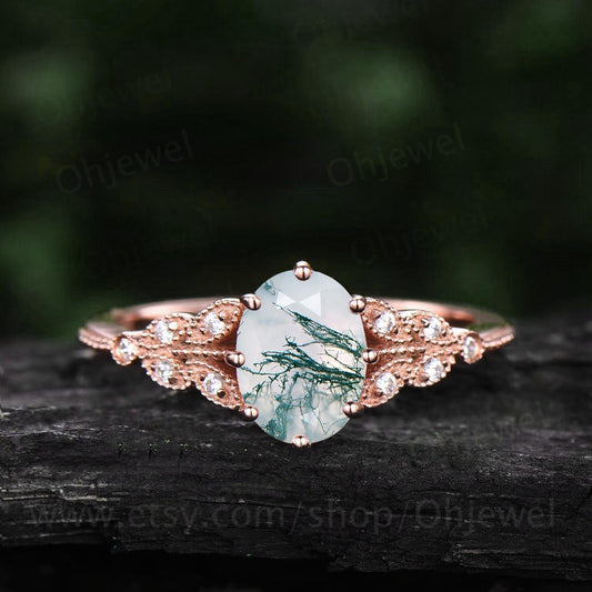 Vintage oval cut green moss agate engagement ring leaf flower ring milgrain rose gold moissanite ring for women unique bridal wedding ring