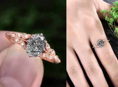 Vintage oval cut green moss agate engagement ring leaf flower ring milgrain rose gold moissanite ring for women unique bridal wedding ring