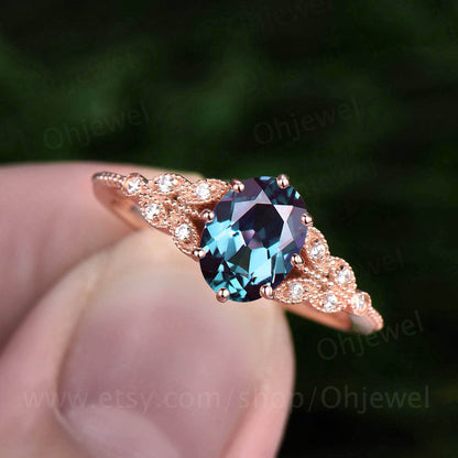 Oval Alexandrite engagement ring leaf flower marquise milgrain unique vintage rose gold engagement ring for women anniversary wedding ring