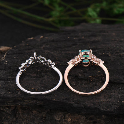 Oval cut opal engagement ring set 14k rose gold art deco vintage unique engagement ring moissanite ring for women Norse Viking ring Jewelry