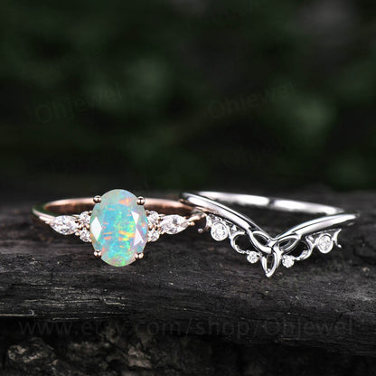 Oval cut opal engagement ring set 14k rose gold art deco vintage unique engagement ring moissanite ring for women Norse Viking ring Jewelry