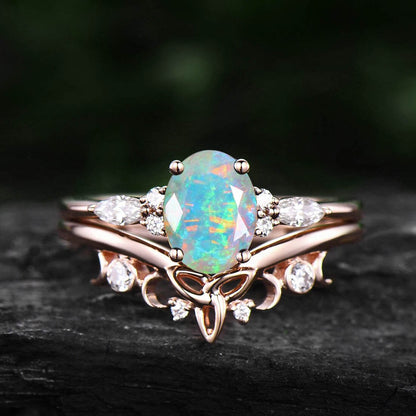 Oval cut opal engagement ring set 14k rose gold art deco vintage unique engagement ring moissanite ring for women Norse Viking ring Jewelry
