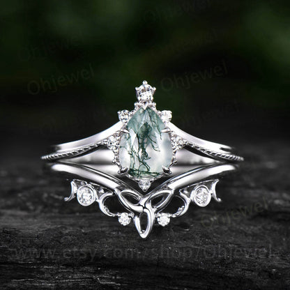 Pear shaped moss agate engagement ring set 14k white gold organic gemstone ring milgrain moissanite ring for women norse viking ring Jewelry