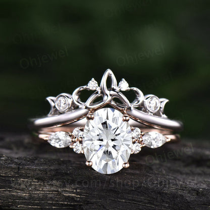 Unique vintage oval cut moissanite engagement ring set art deco moissanite ring rose gold wedding ring set women norse viking ring Jewelry