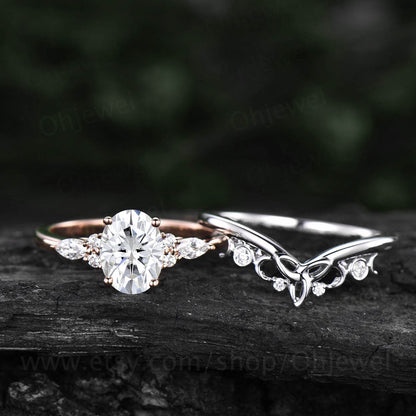 Moissanite ring set vintage oval cut moissanite engagement ring set rose gold alternative unique engagement ring Norse viking ring jewelry