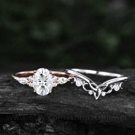 Unique vintage oval cut moissanite engagement ring set art deco moissanite ring rose gold wedding ring set women norse viking ring Jewelry