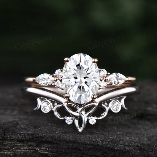 Moissanite ring set vintage oval cut moissanite engagement ring set rose gold alternative unique engagement ring Norse viking ring jewelry