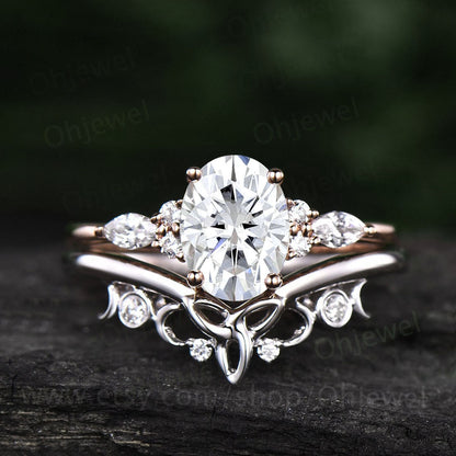 Moissanite ring set vintage oval cut moissanite engagement ring set rose gold alternative unique engagement ring Norse viking ring jewelry