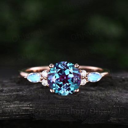 Round Alexandrite engagement ring 14k rose gold 7 stone unique vintage marquise moonstone engagement ring moissanite wedding ring for women
