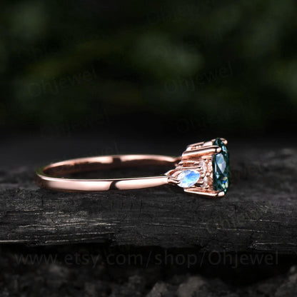 Round Alexandrite engagement ring 14k rose gold 7 stone unique vintage marquise moonstone engagement ring moissanite wedding ring for women