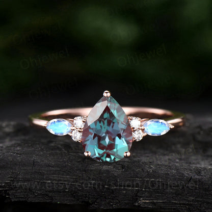 Pear shaped Alexandrite engagement ring 18k rose gold art deco unique vintage moonstone engagement ring moissanite bridal ring for women