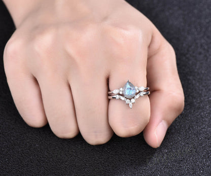 Unique pear shaped Labradorite engagement ring set vintage art deco marquise moissanite wedding promise ring set rose gold sterling silver