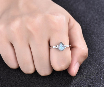 Unique pear shaped Labradorite engagement ring set vintage art deco marquise moissanite wedding promise ring set rose gold sterling silver