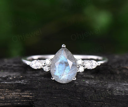 Unique pear shaped Labradorite engagement ring set vintage art deco marquise moissanite wedding promise ring set rose gold sterling silver