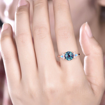 Round Alexandrite engagement ring rose gold vintage unique marquise moonstone engagement ring art deco moissanite ring for women jewelry
