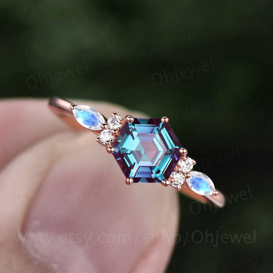 Hexagon Alexandrite engagement ring rose gold vintage unique marquise moonstone engagement ring art deco moissanite wedding ring for women