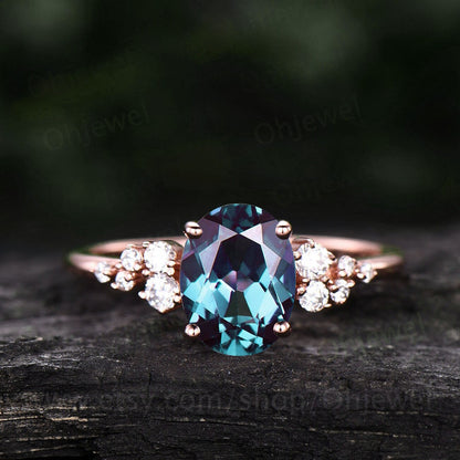 Vintage oval cut Alexandrite engagement ring 14k rose gold dainty cluster snowdrift unique engagement ring moissanite wedding ring for women