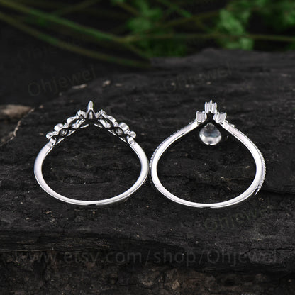 Pear shaped white sapphire engagement ring set 14k white gold unique vintage engagement ring moissanite ring for women Norse Viking jewelry