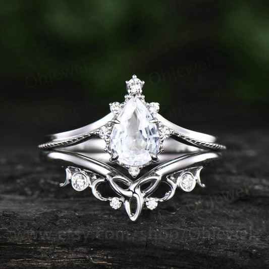 Pear shaped white sapphire engagement ring set 14k white gold unique vintage engagement ring moissanite ring for women Norse Viking jewelry