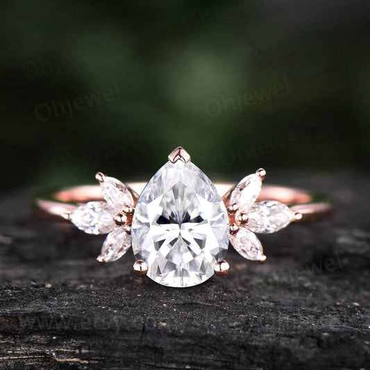 Vintage pear shaped moissanite engagement ring rose gold flower marquise cut diamond cluster engagement ring bridal wedding ring for women