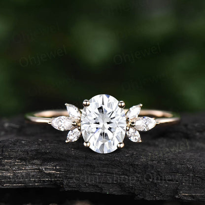 Vintage oval cut moissanite engagement ring 14k rose gold leaf flower marquise cut diamond cluster engagement ring wedding ring for women